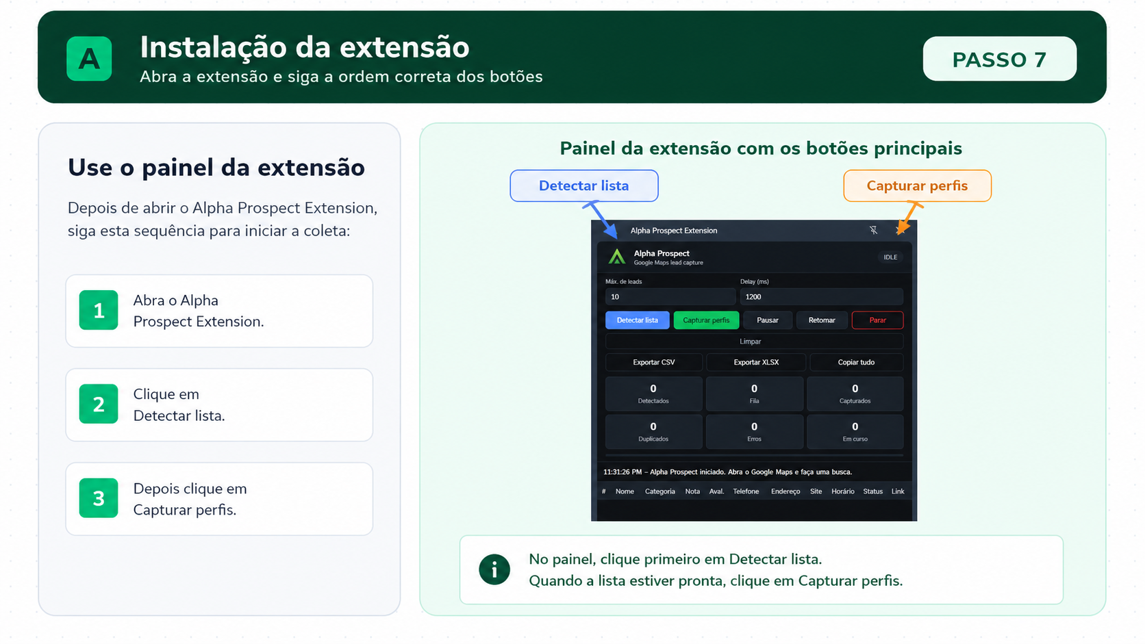 Print mostrando o painel da extensão com os botões Detectar lista e Capturar perfis