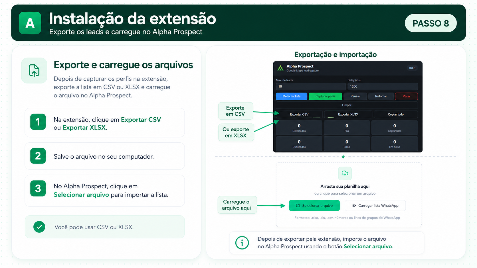 Print mostrando como exportar CSV ou XLSX e carregar no Alpha Prospect